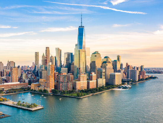 Aerial view of Lower Manhattan skyscrapers